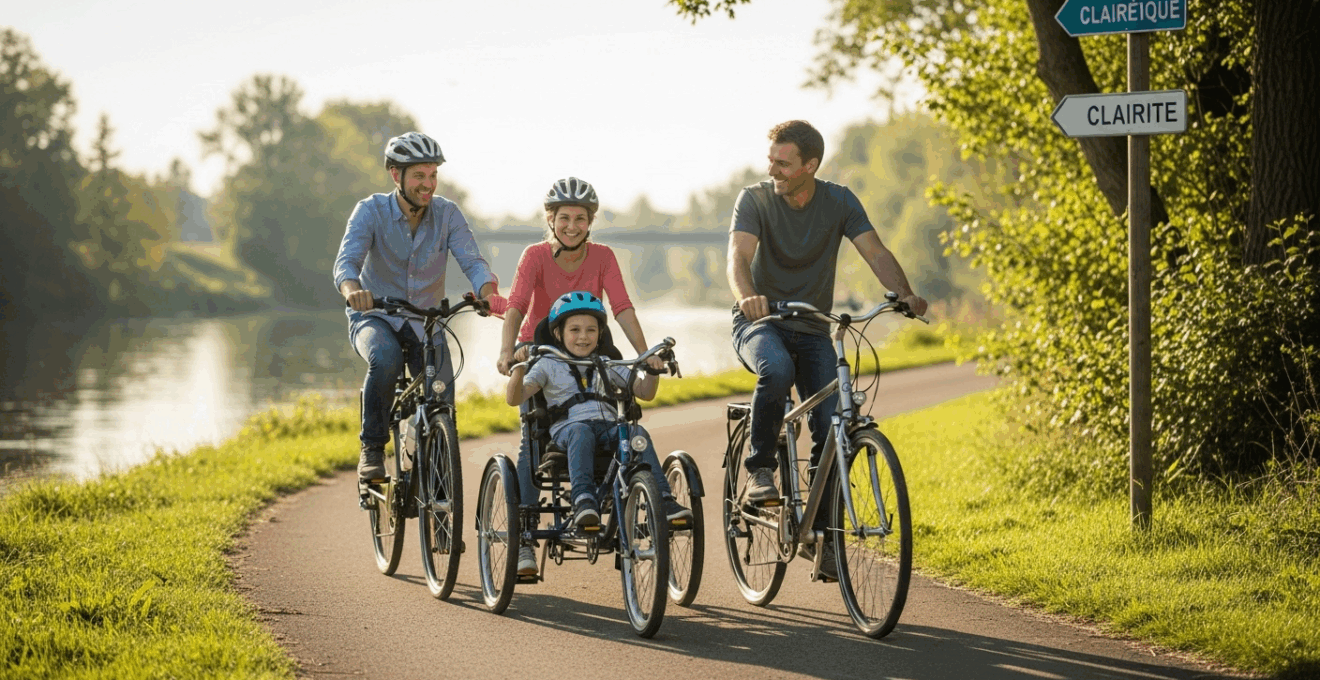 Famille avec enfant en situation de handicap utilisant un tandem adapté sur une piste cyclable