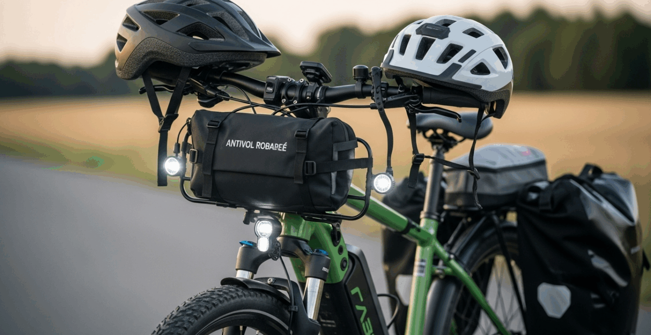 Vélo électrique équipé d’accessoires essentiels, vue rapprochée, lumière naturelle douce.