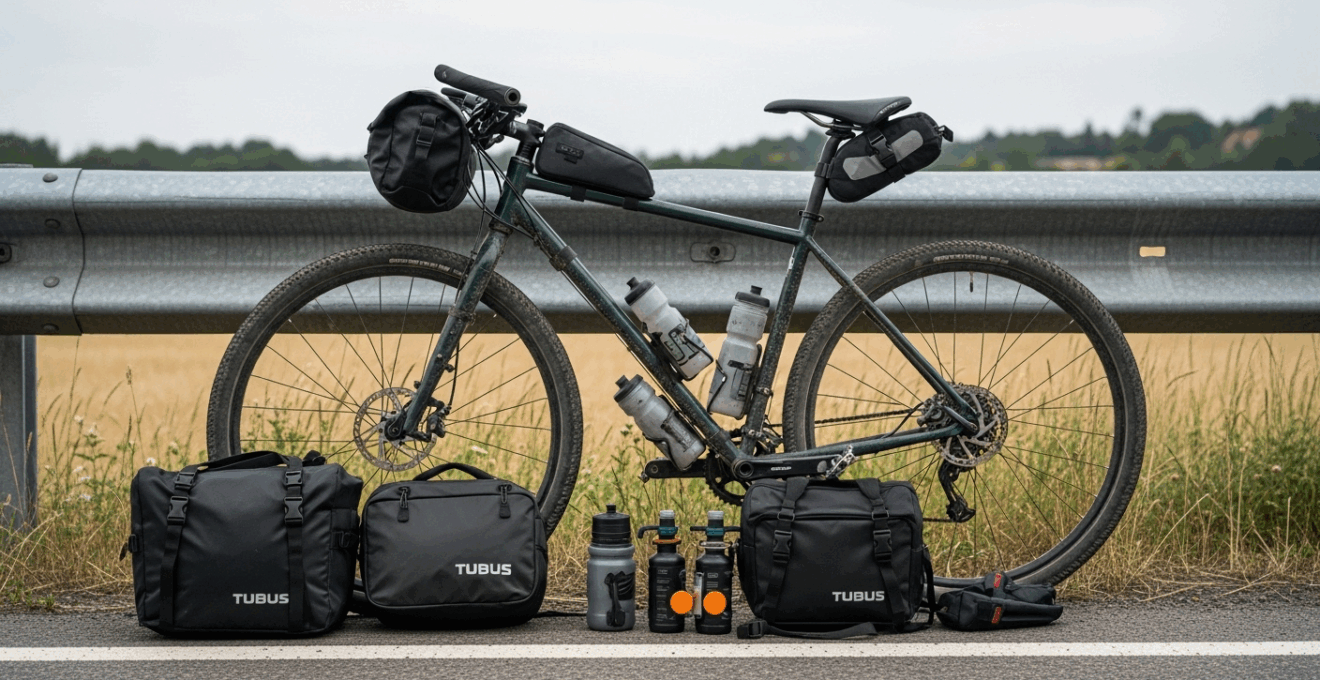 Vélo de randonnée équipé, accessoires visibles, arrière-plan flou, lumière douce.