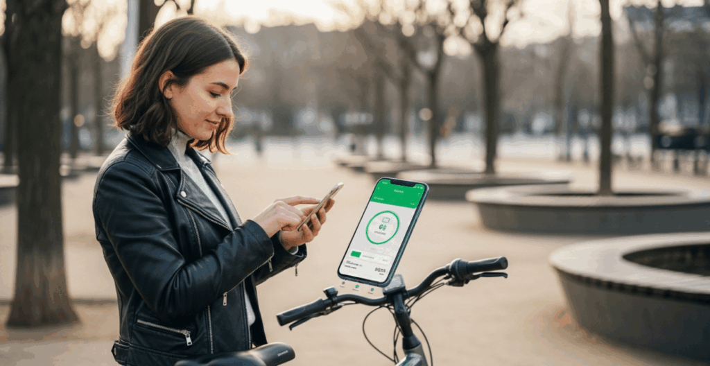 Jeune femme européenne consultant une application de gestion de batterie à côté de son vélo électrique