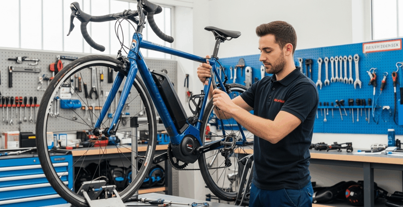 Technicien européen effectuant la maintenance d’un vélo électrique dans un atelier équipé