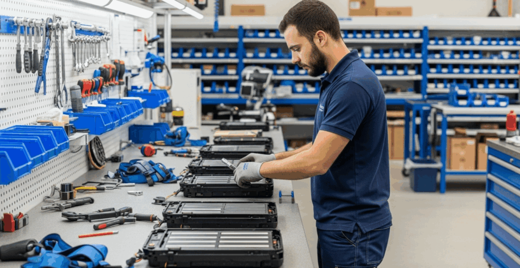 Technicien européen réparant des batteries de vélos électriques dans un atelier spécialisé