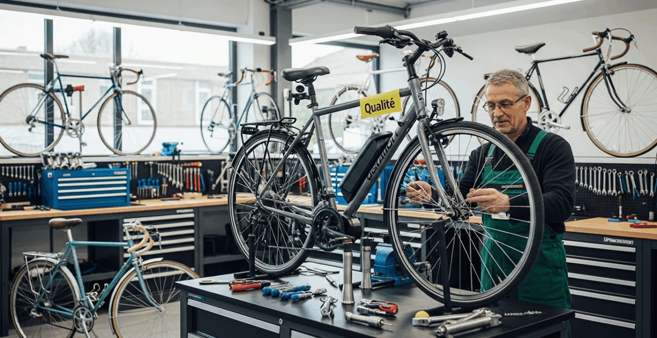 Réparateur européen inspectant un vélo électrique reconditionné dans un atelier professionnel.