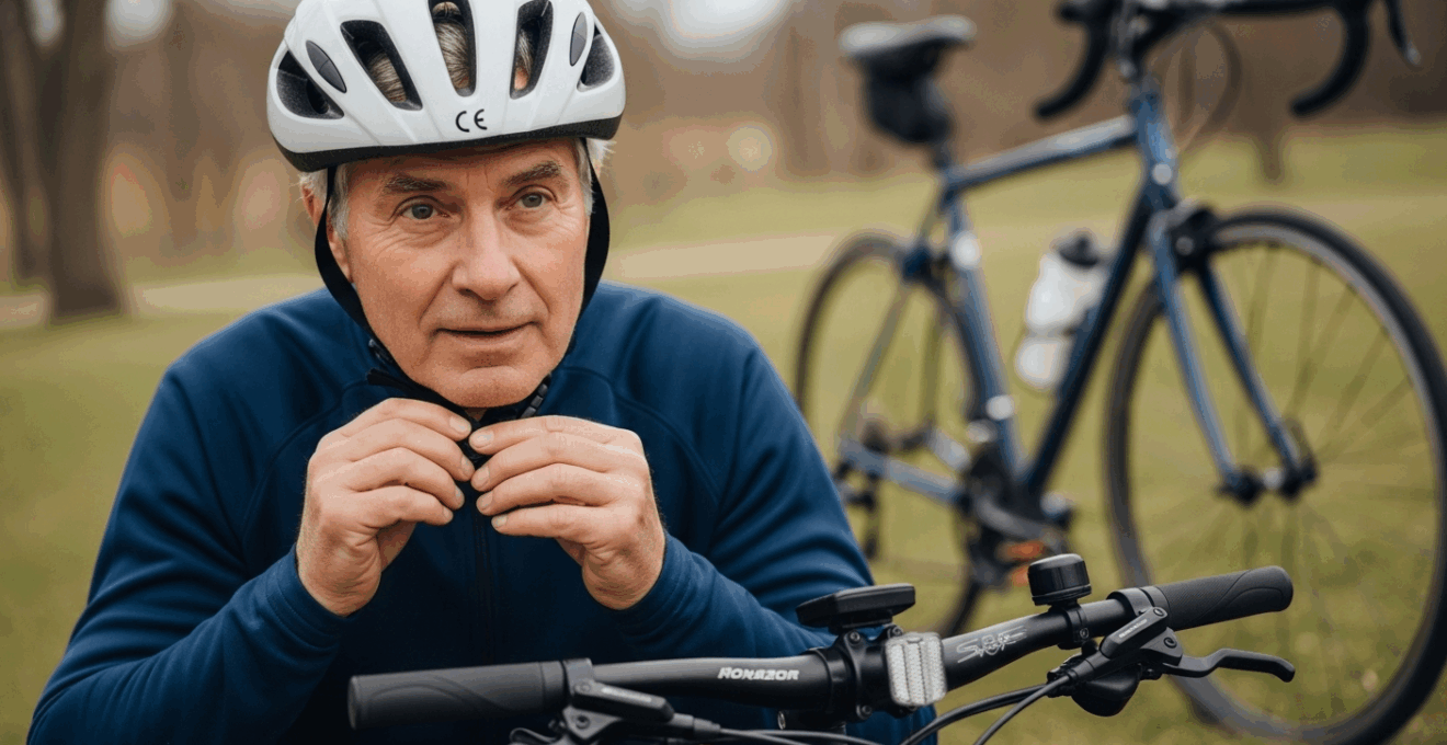 Gros plan sur un cycliste européen vérifiant la conformité de son casque avant de rouler.