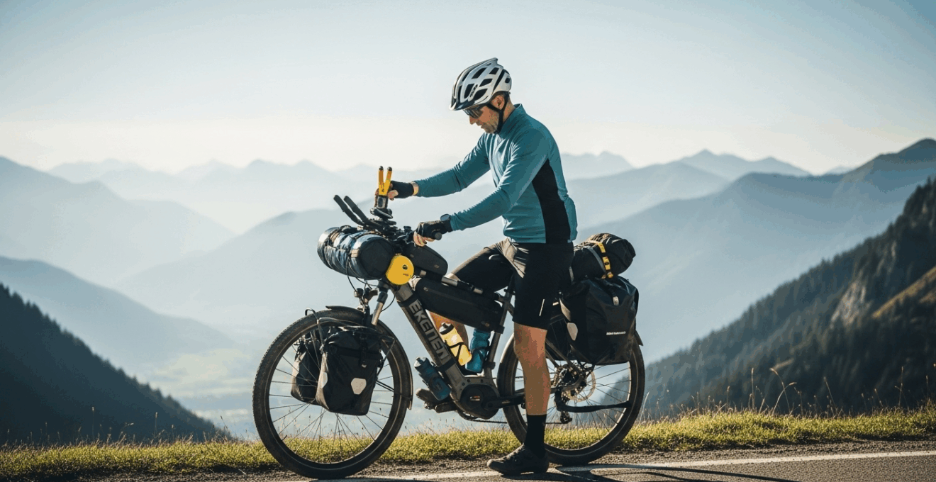 Cycliste européen avec vélo électrique chargé, sacoches et pièces de rechange, sur route de montagne au lever du soleil