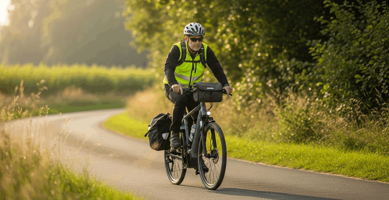 Cycliste européen à vélo électrique sur route de campagne, accessoires de sécurité visibles, lumière naturelle.