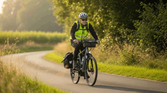 Cycliste européen à vélo électrique sur route de campagne, accessoires de sécurité visibles, lumière naturelle.