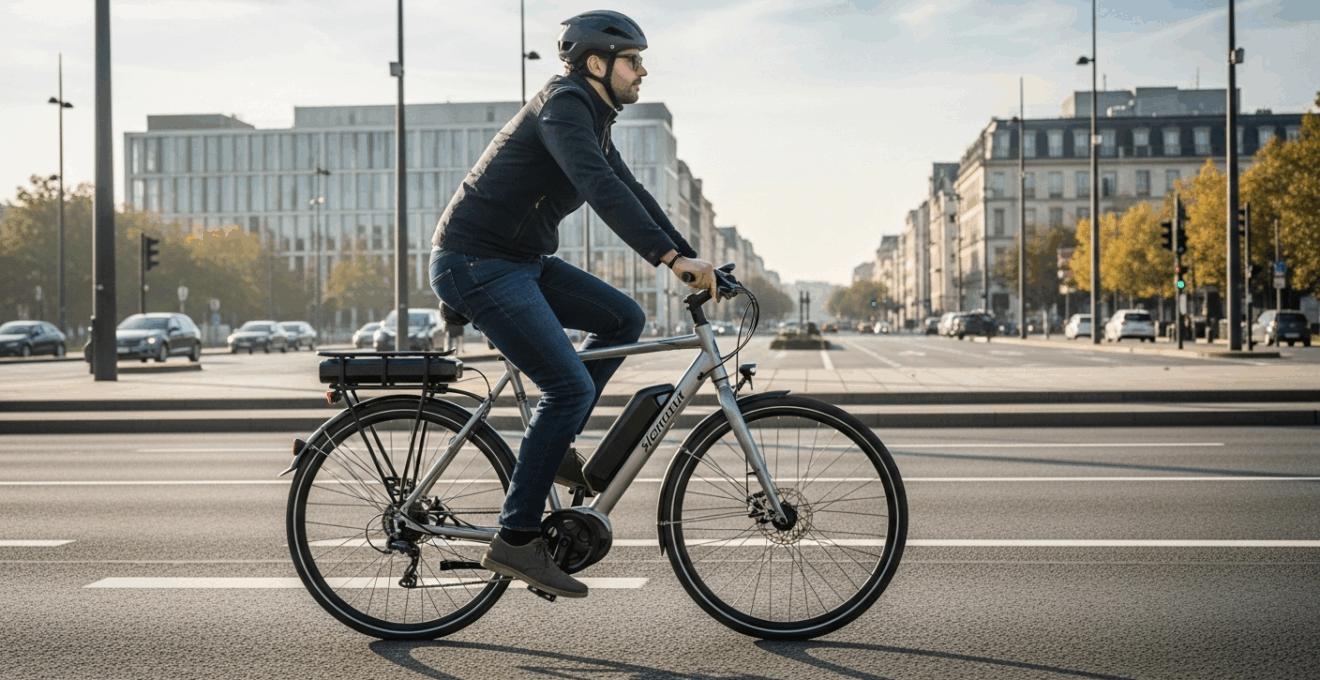 Cycliste européen sur vélo électrique moderne traversant une avenue urbaine au petit matin