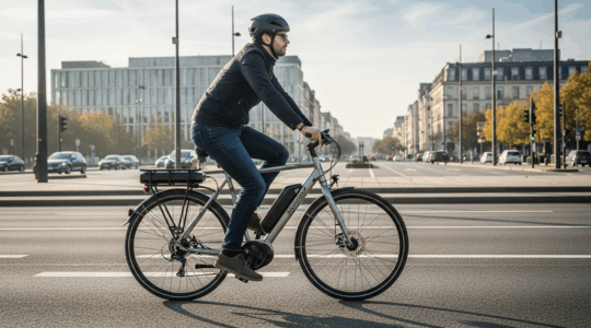 Cycliste européen sur vélo électrique moderne traversant une avenue urbaine au petit matin
