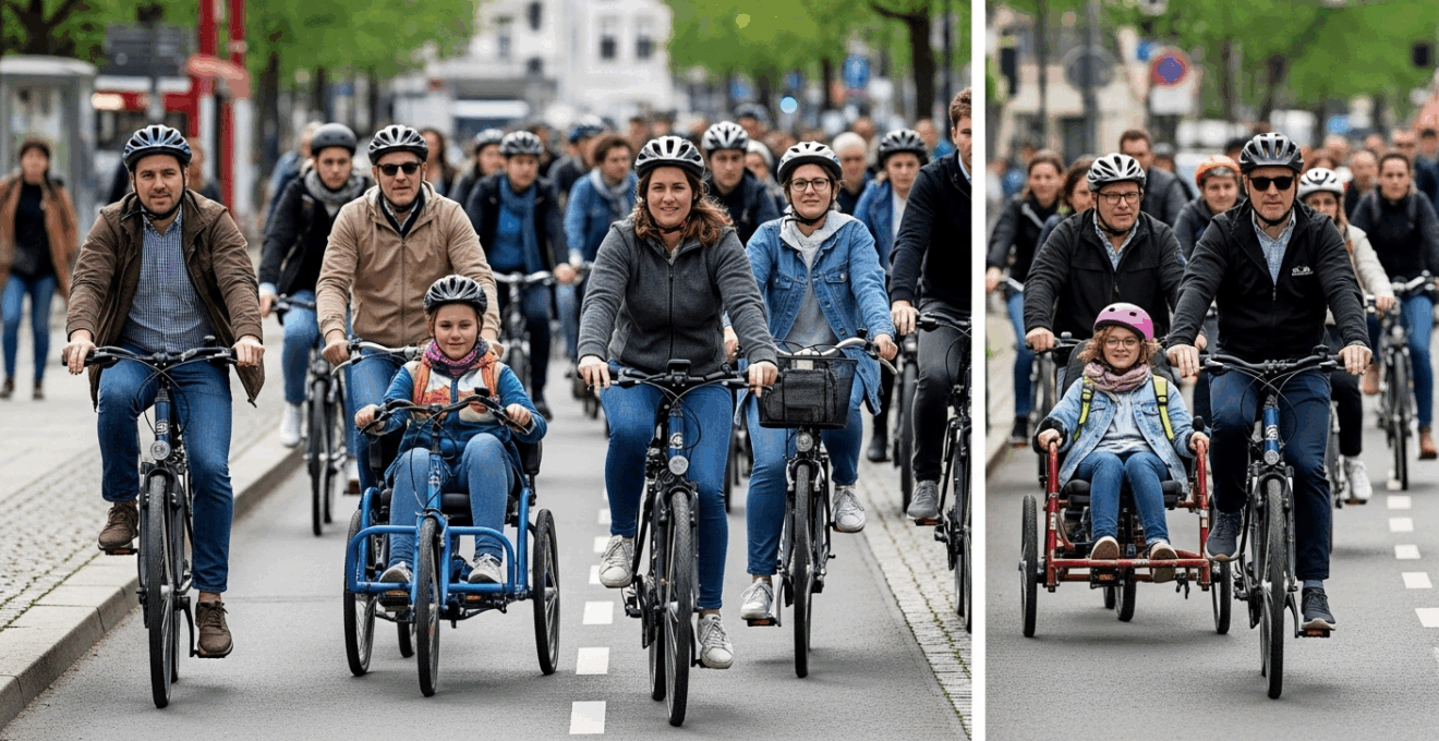 Scène urbaine dynamique montrant divers cyclistes européens équipés sur une piste cyclable.