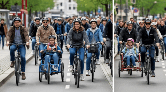 Scène urbaine dynamique montrant divers cyclistes européens équipés sur une piste cyclable.