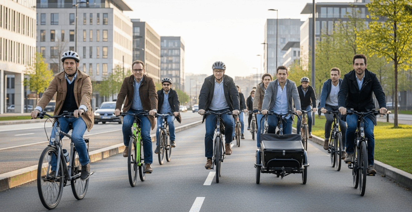 Groupe de salariés européens à vélo sur une piste cyclable moderne en ville