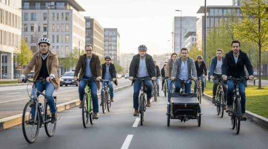 Groupe de salariés européens à vélo sur une piste cyclable moderne en ville