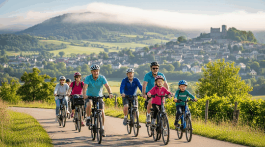 Groupe de cyclistes à vélo électrique traversant un paysage rural verdoyant au lever du soleil