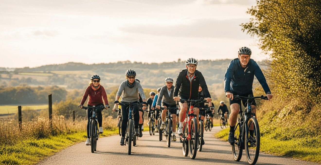 Groupe de cyclotouristes européens sur vélos électriques traversant un paysage vallonné au coucher du soleil