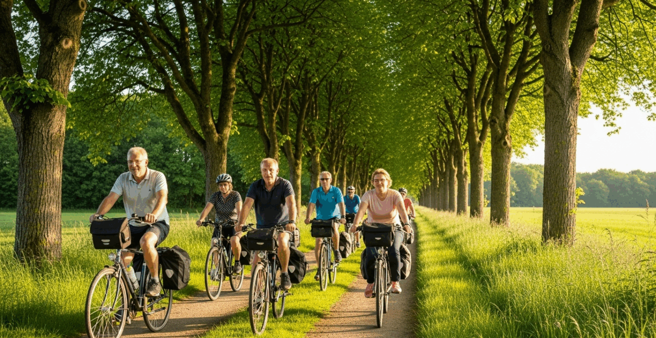 Groupe de cyclotouristes européens sur une voie verte à la campagne, en pleine nature.