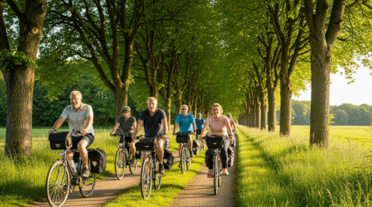 Groupe de cyclotouristes européens sur une voie verte à la campagne, en pleine nature.