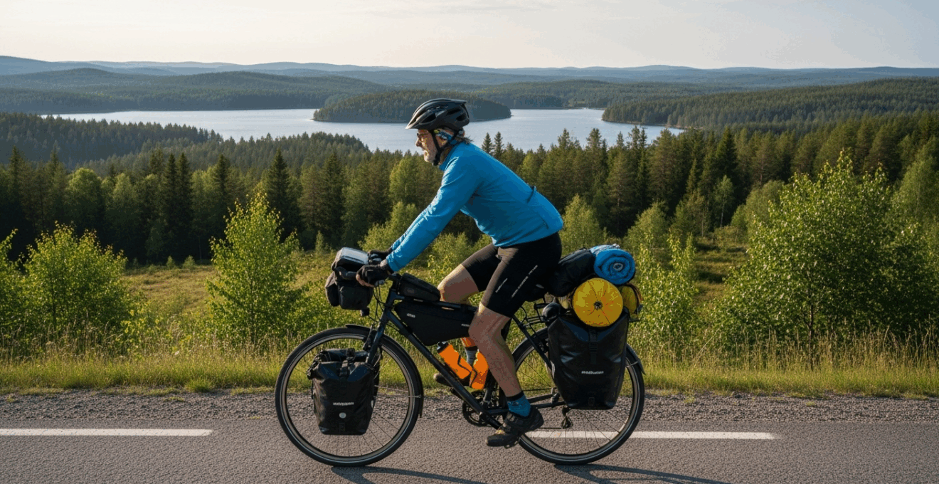 Voyageur à vélo chargé sur une route scandinave, lumière dorée, paysage naturel.