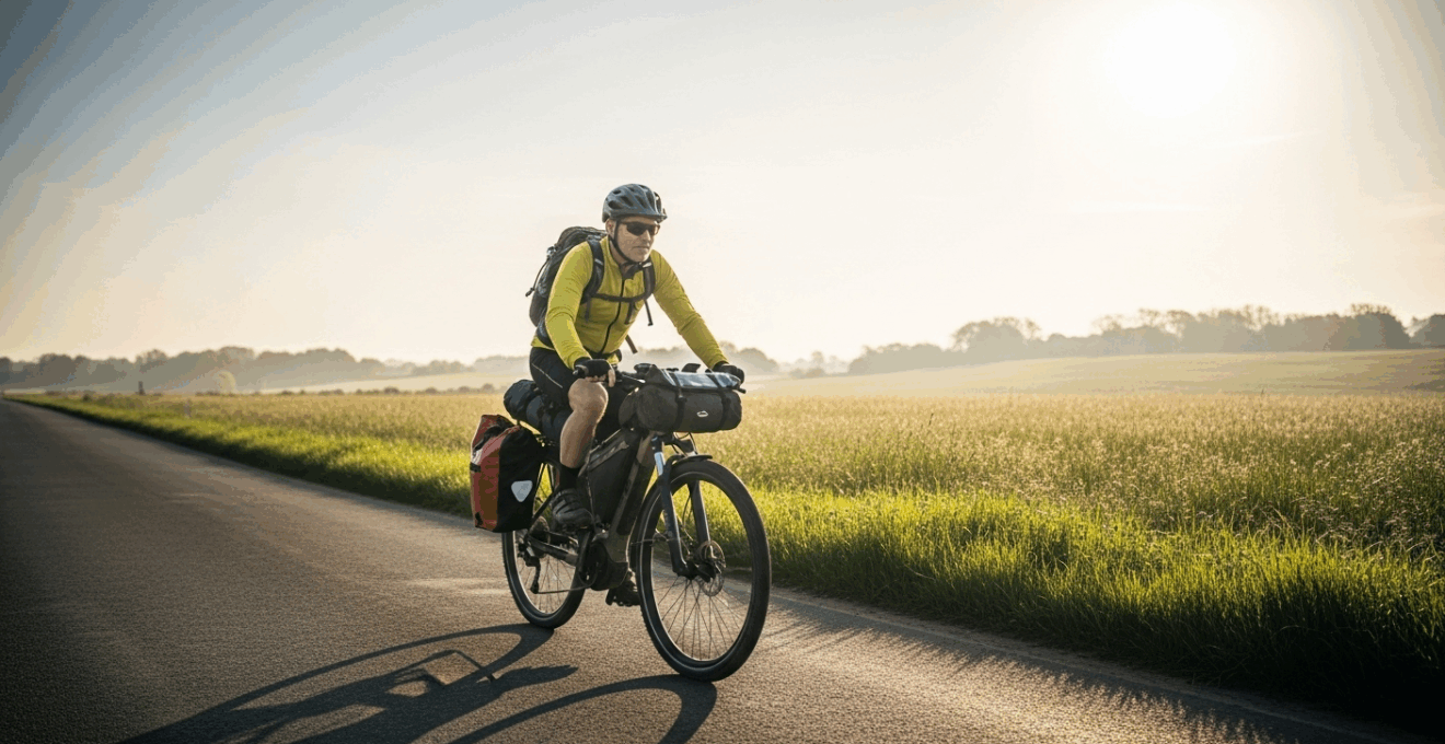 Vélo électrique de trekking chargé, cyclotouriste européen sur route vallonnée au lever du jour
