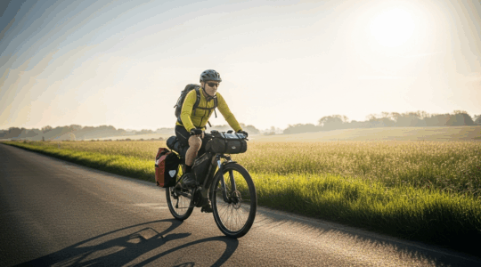 Vélo électrique de trekking chargé, cyclotouriste européen sur route vallonnée au lever du jour