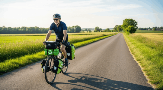 Cycliste sur une route de campagne, sacoches recyclées, ambiance paisible et lumineuse