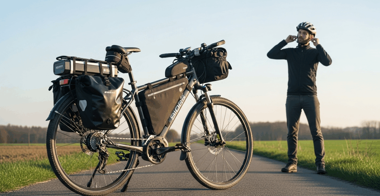 Détail d’un vélo électrique de trekking avec sacoches et cyclotouriste européen ajustant son casque