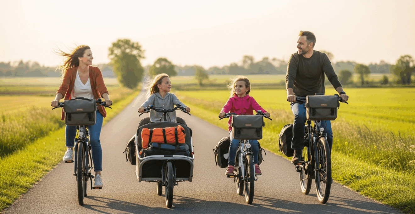 Famille européenne à vélo électrique sur une route de campagne, ambiance aventure et complicité