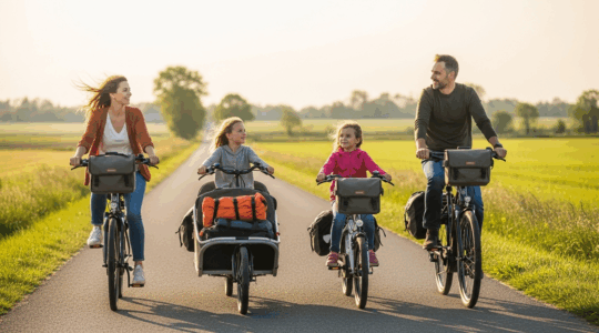 Famille européenne à vélo électrique sur une route de campagne, ambiance aventure et complicité