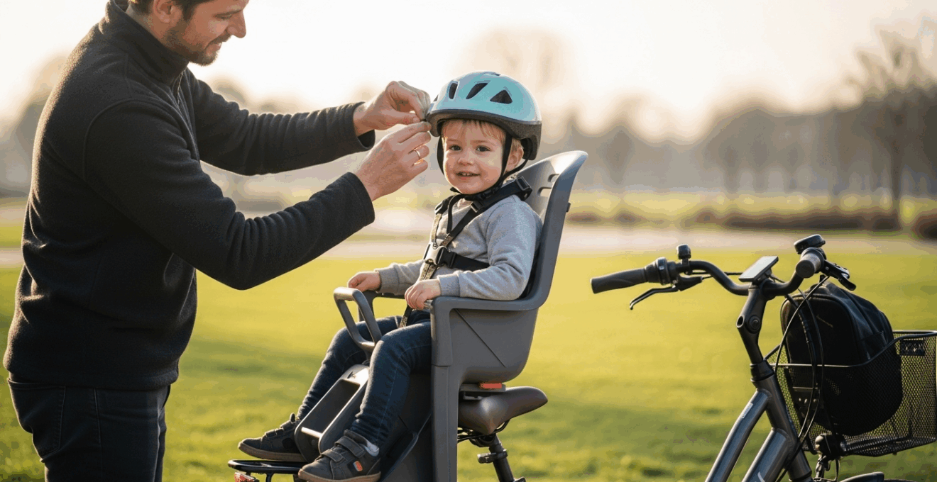 Parent européen installant un enfant dans un siège vélo, geste sécurisant et complice