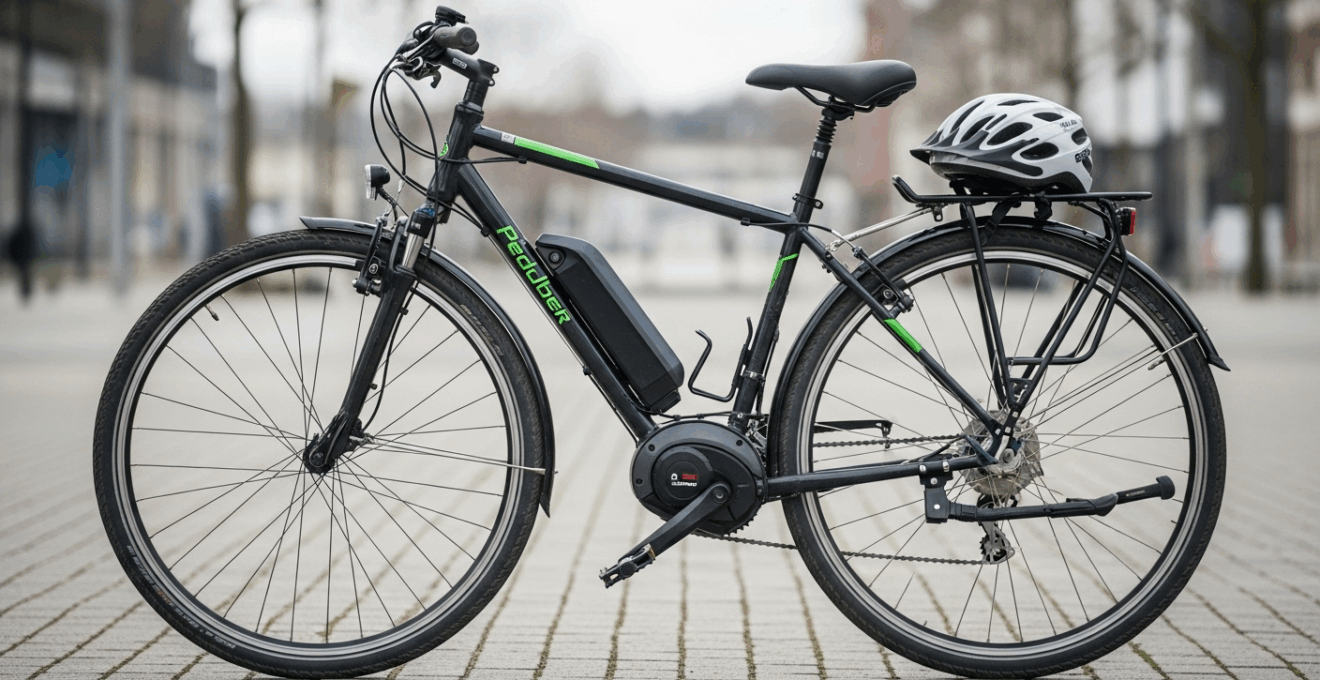 Détail d’un kit de conversion électrique installé sur un vélo avec casque posé