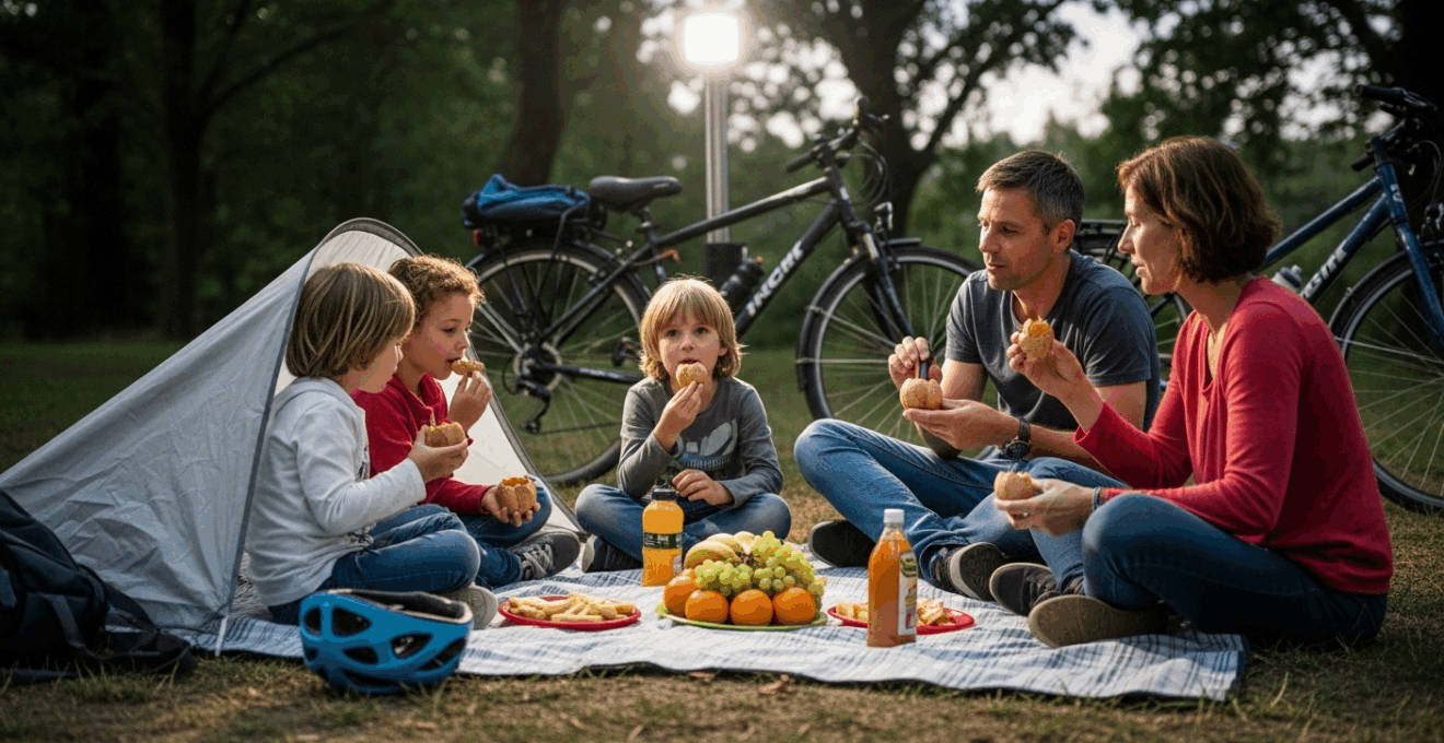 Famille européenne en pause goûter lors d’un voyage à vélo, ambiance conviviale sous les arbres