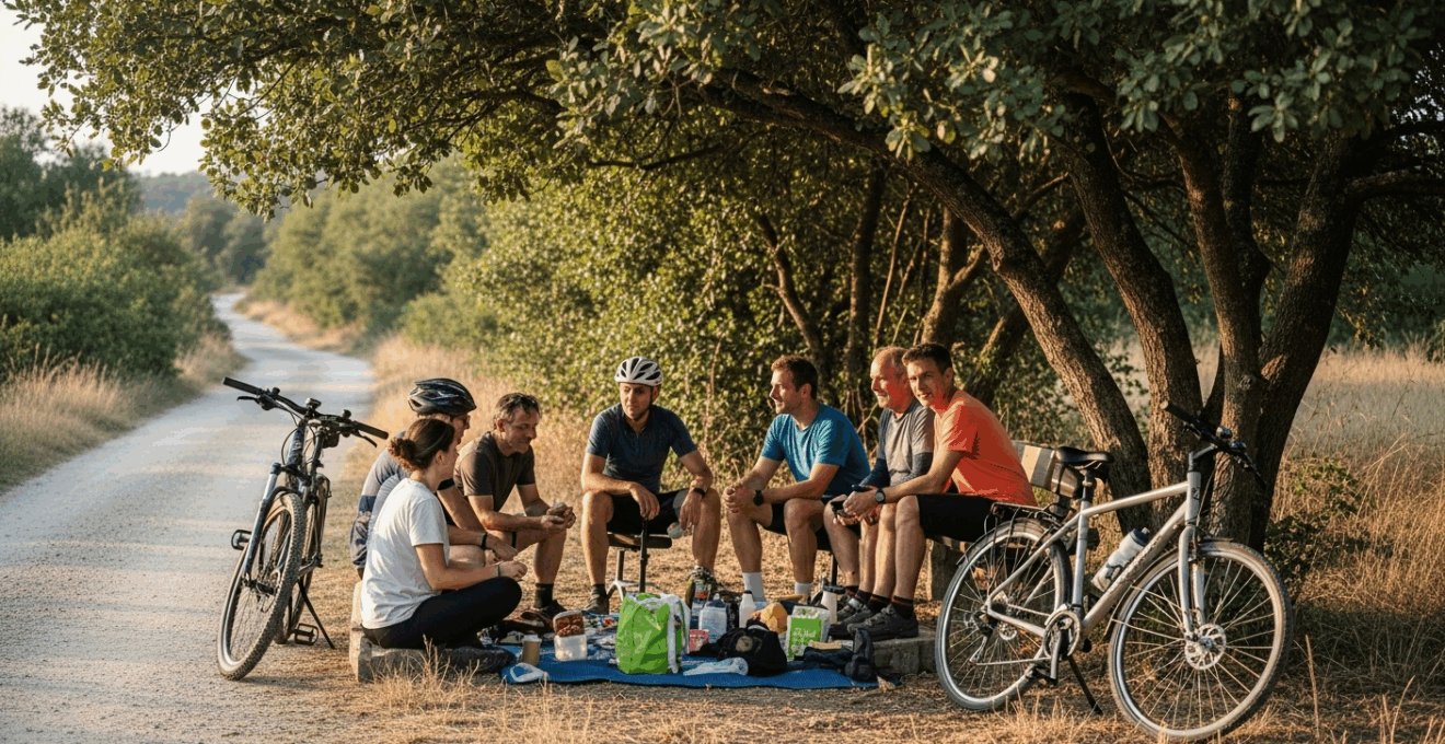 Groupe de cyclistes partageant un pique-nique écologique sous des arbres, ambiance conviviale
