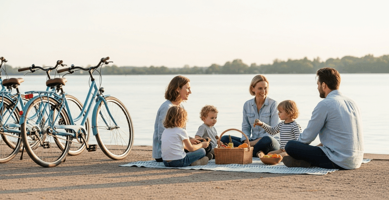 Famille en pause pique-nique au bord de l’eau avec vélos adaptés