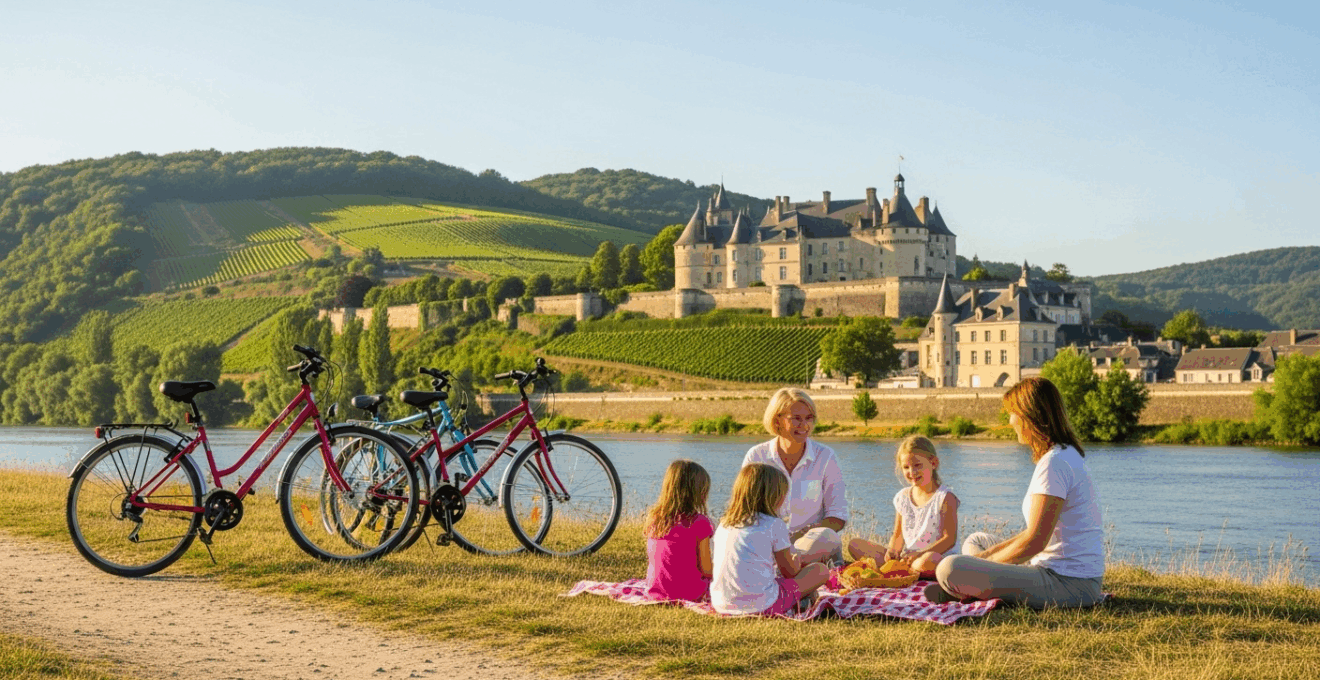Famille européenne en pique-nique au bord de la Loire, vélos et château en arrière-plan.