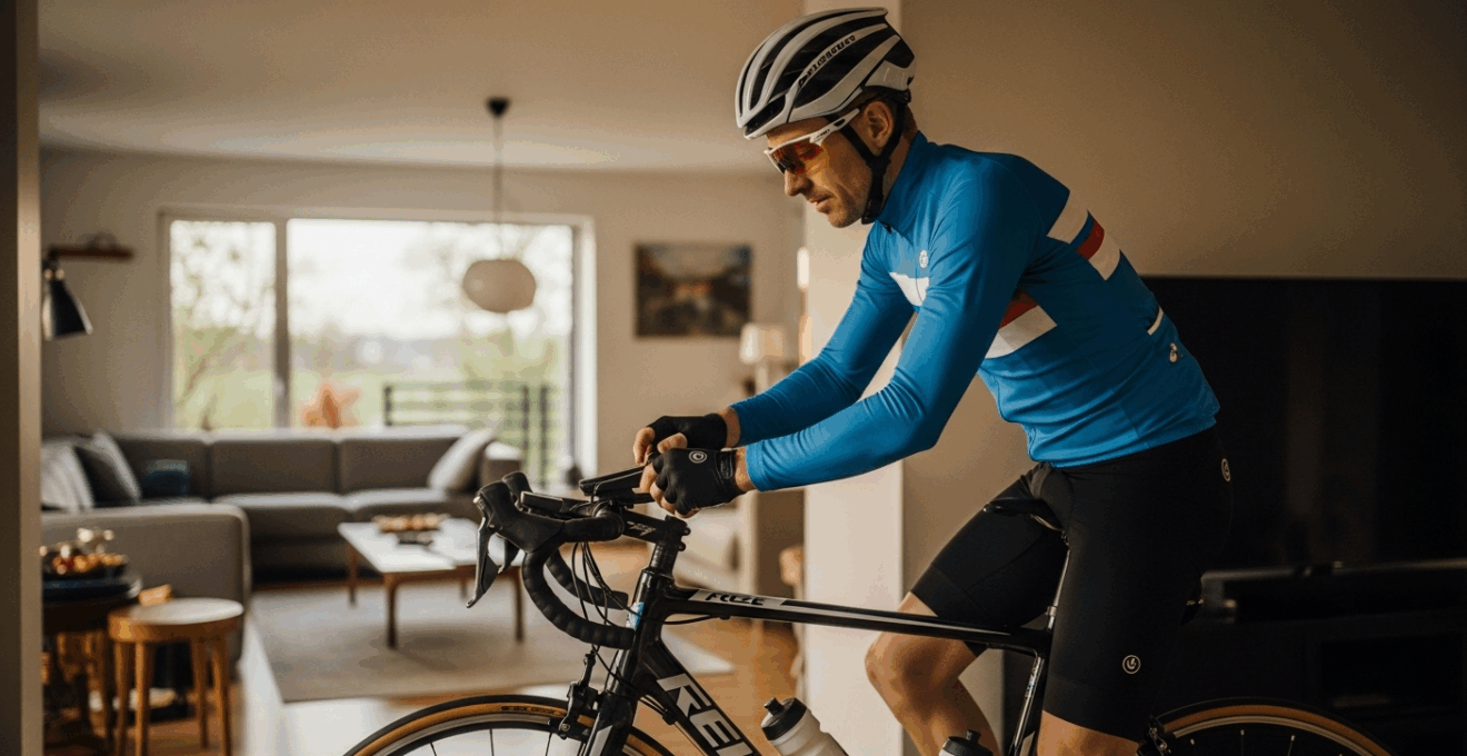 Cycliste européen ajustant son vélo électrique dans un intérieur lumineux