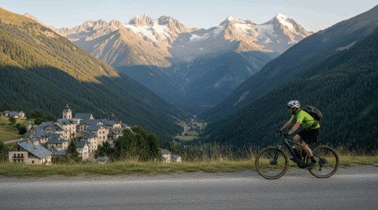 Cycliste en VAE explorant un village suspendu dans les Pyrénées, panorama montagneux, lumière douce.