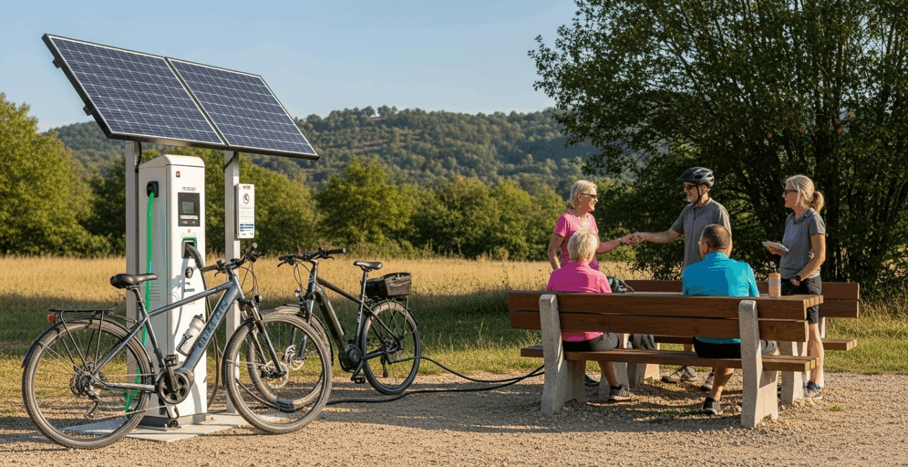 Station de recharge solaire pour vélos électriques dans une aire de repos rurale