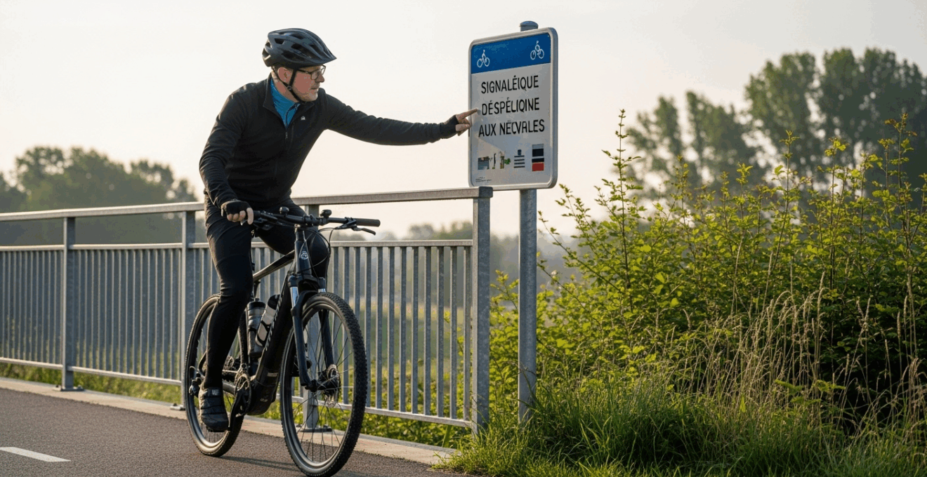 Cycliste européen consultant un panneau de réglementation pour vélos électriques sur une piste cyclable