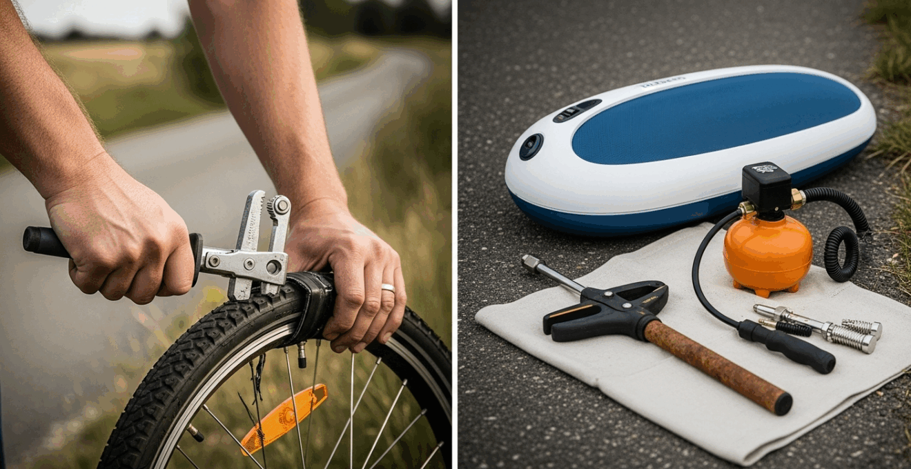 Gros plan sur une main européenne utilisant un démonte-pneu pour réparer un vélo électrique, outils posés à côté