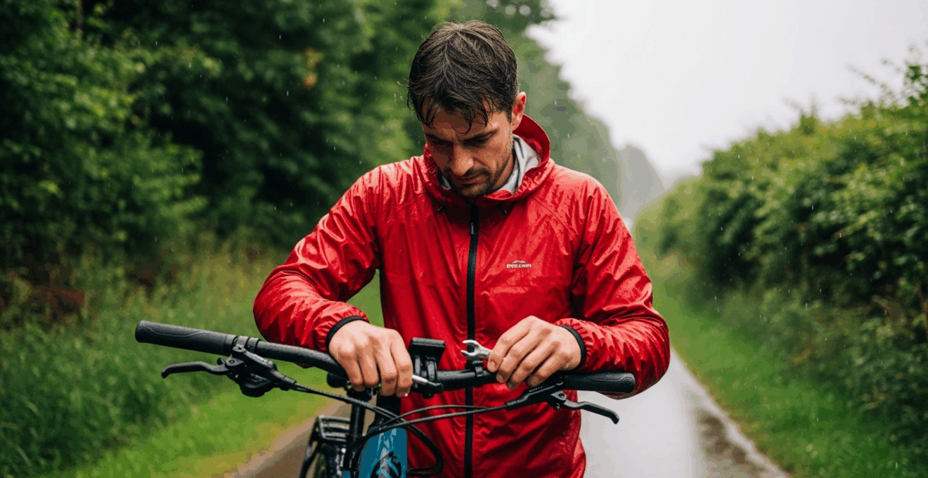 Cyclotouriste européen réparant son vélo électrique sous la pluie sur une piste cyclable