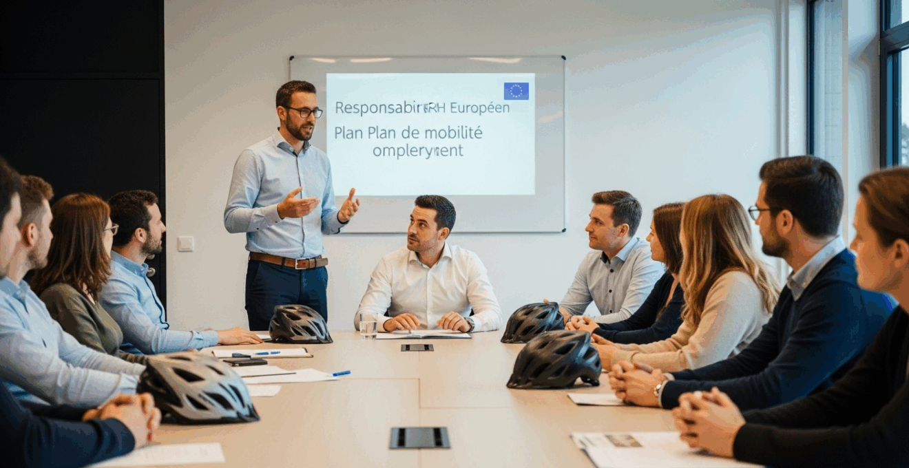 Réunion d’entreprise européenne sur la mobilité durable, casques de vélo visibles