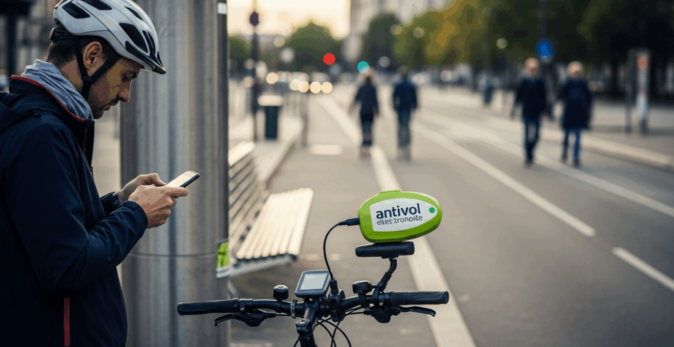 Cycliste européen vérifiant son smartphone à côté de son vélo électrique équipé d’un antivol connecté en ville