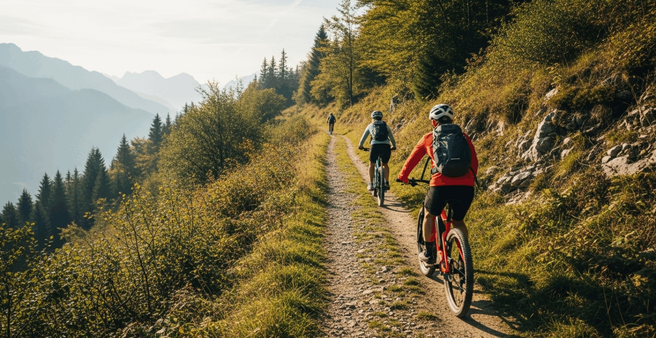 Sentier de montagne naturel avec cyclistes à vélo électrique et traces d’érosion