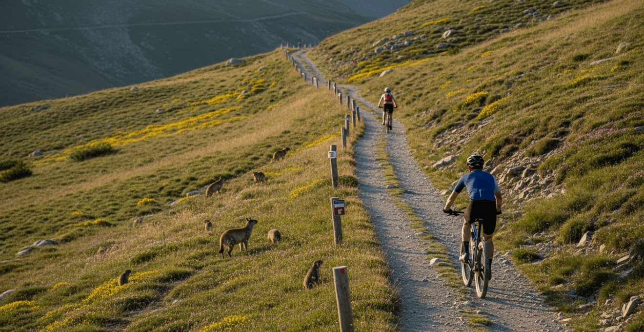 Cycliste en VAE sur un sentier balisé, faune pyrénéenne visible, ambiance paisible.