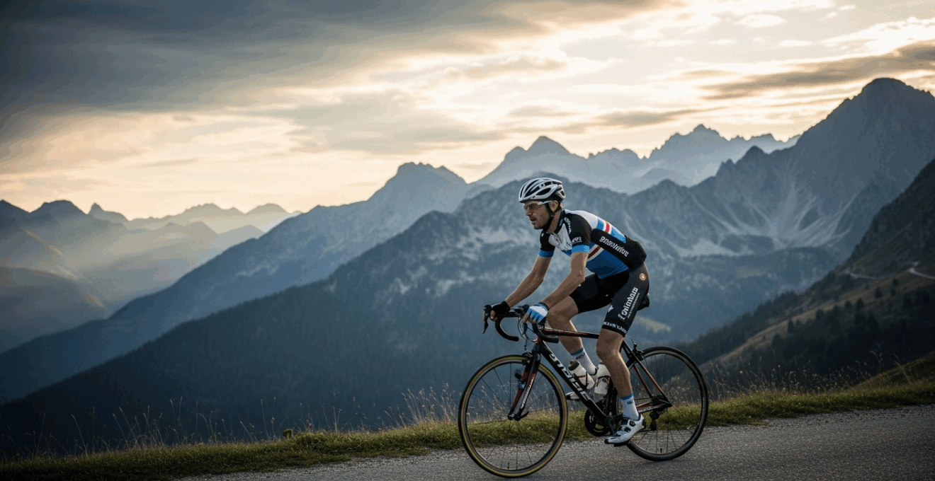 Gros plan sur un cycliste en VAE dans les Pyrénées, ciel orageux et brouillard, ambiance dramatique.