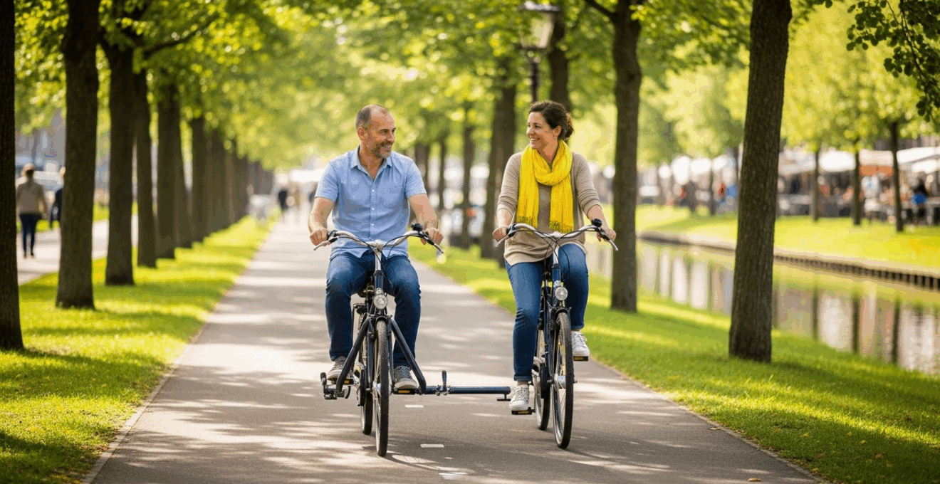 Cycliste à mobilité réduite et accompagnant sur une piste cyclable accessible au bord d’un canal.