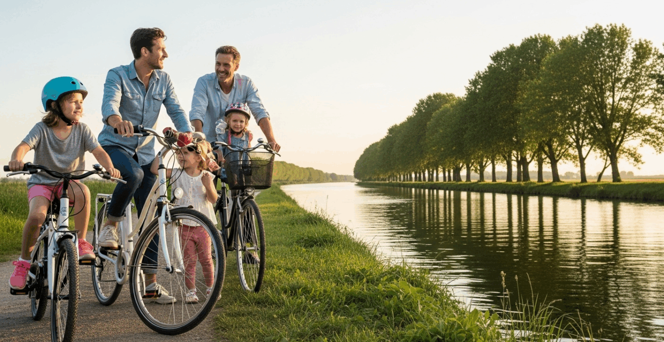 Famille faisant du vélo le long des bords de la Loire au coucher du soleil