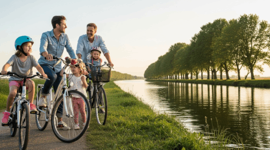 Famille faisant du vélo le long des bords de la Loire au coucher du soleil