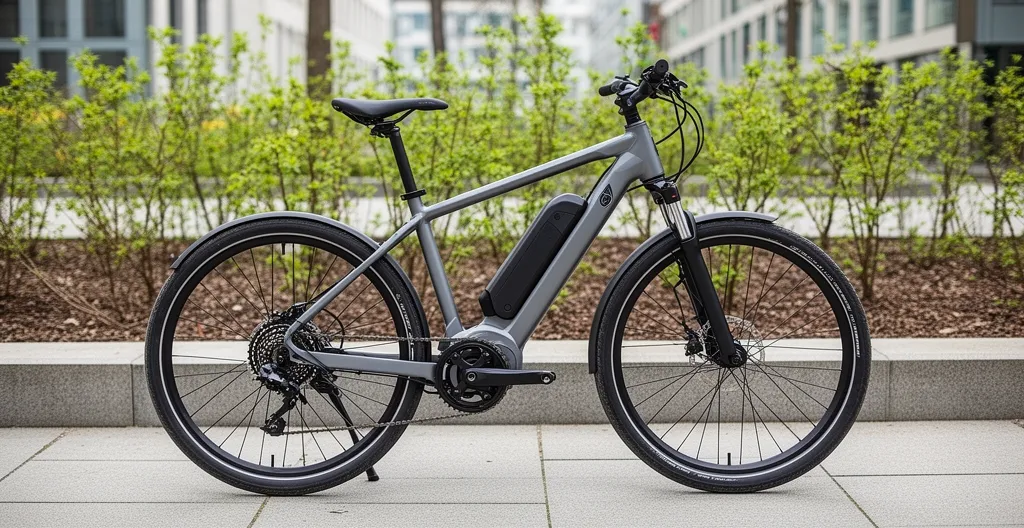 Vélo électrique moderne avec batterie intégrée visible sur le tube diagonal