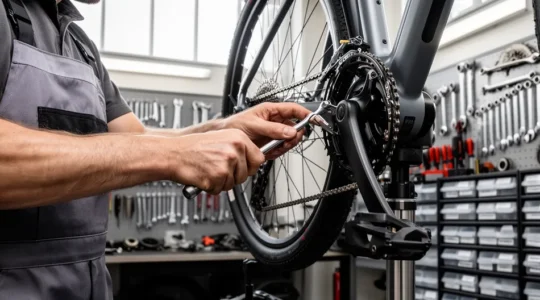 Technicien vélo examinant la chaîne d'un vélo électrique surélevé sur pied d'atelier